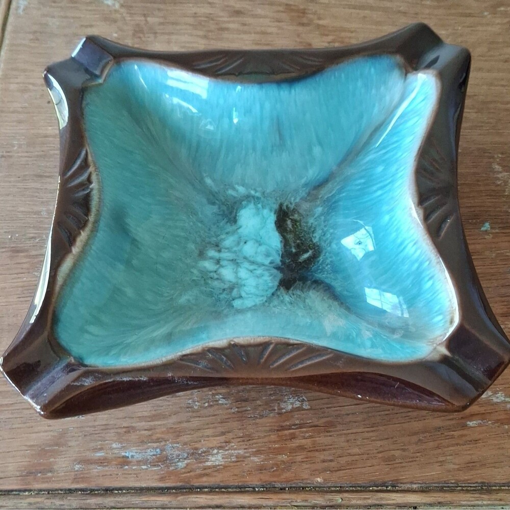 VTG Robinson Ransbottom Pottery Ashtray RRP Co Teal Turquoise Brown Drip Glaze